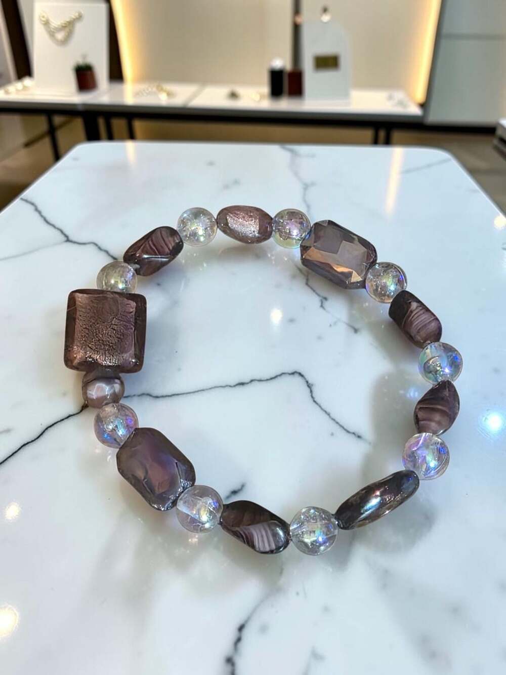 Beaded Stretch Bracelet With Rondelle and Square Shape Facet Cut Glass Beads